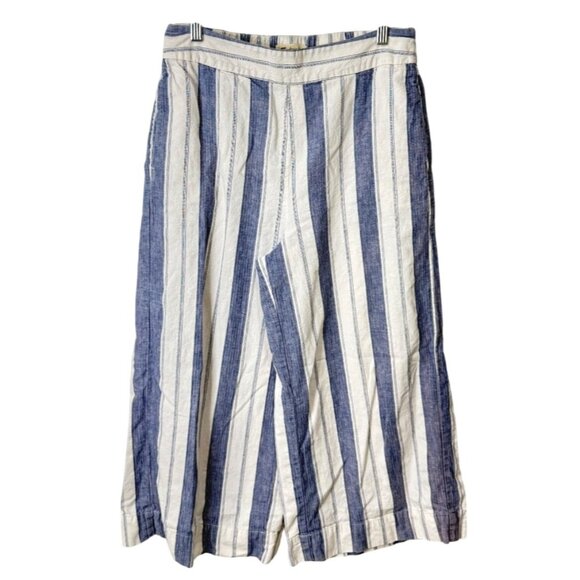 Madewell Womens Striped Wide-Leg Cropped Pants Linen Blend Blue White Size L - Picture 1 of 7